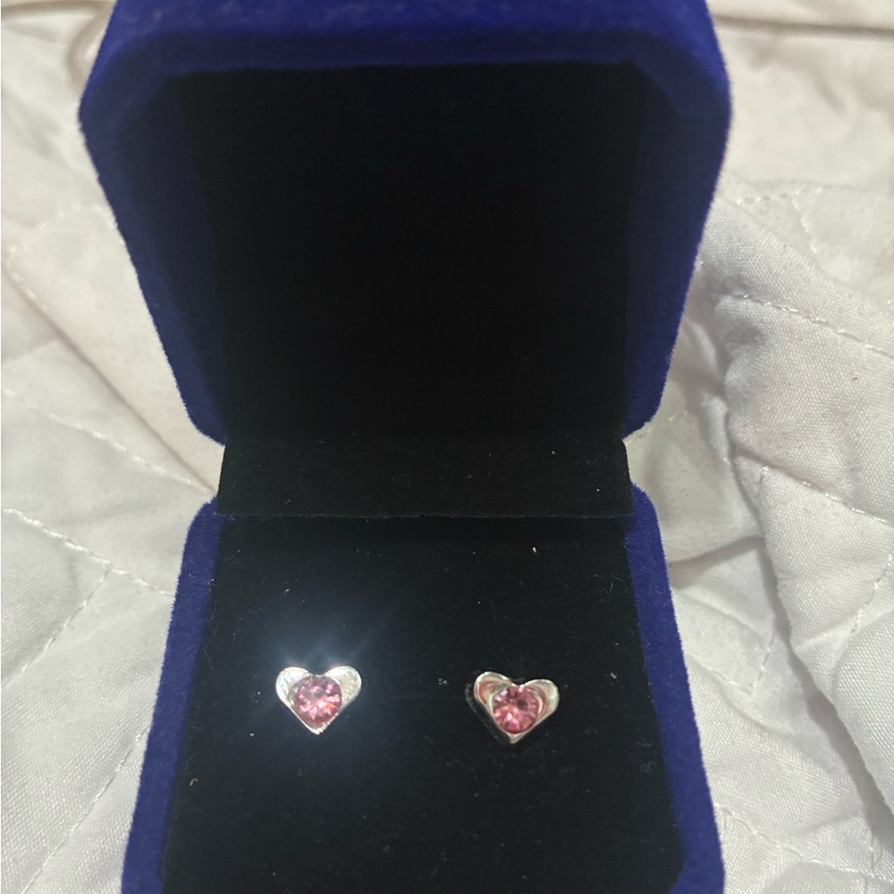 Heart-Shaped Pink Stone Silver Earrings